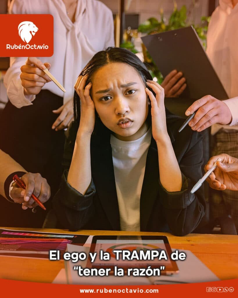 Persona estresada en medio de una discusión, simbolizando la trampa del ego de querer tener la razón.