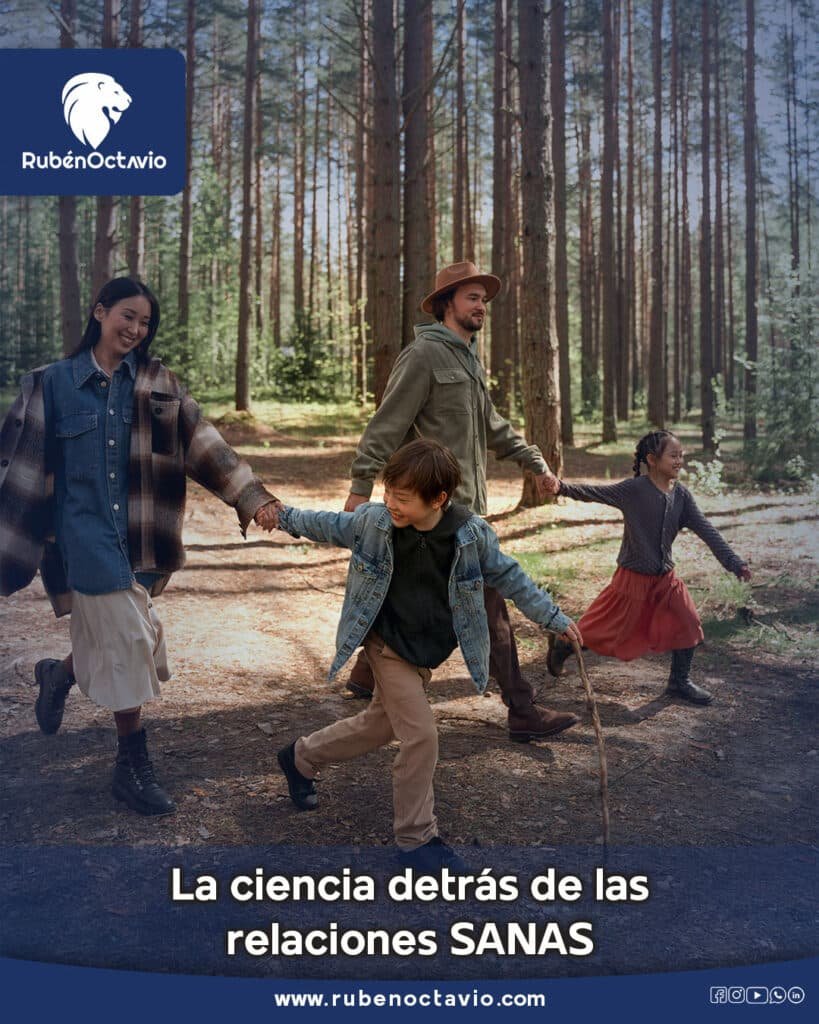 Familia caminando unida en un bosque, simbolizando los beneficios emocionales y biológicos de las relaciones sanas.