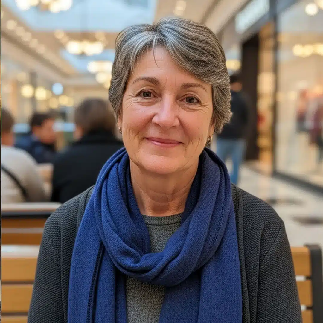 Mujer mayor con bufanda azul sonriendo con serenidad, simbolizando la sabiduría y paz alcanzadas a través de la reflexión emocional y espiritual.