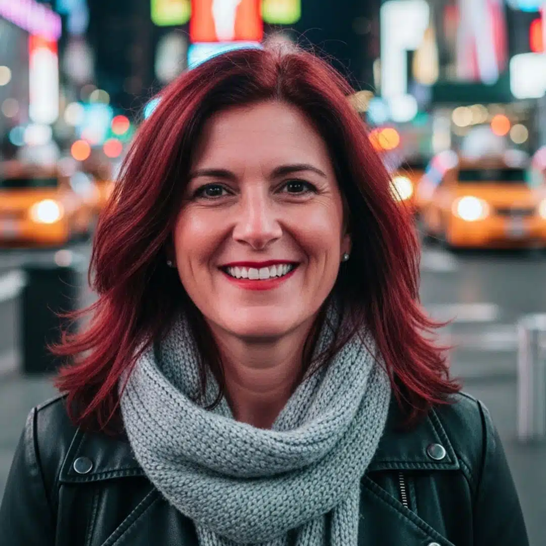 Mujer con cabello rojizo sonriendo en una ciudad iluminada, representando la alegría y libertad interior que florece tras la sanación emocional.