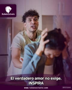 Hombre gritando y mujer angustiada, simbolizando cómo el ego exige mientras el amor verdadero inspira.