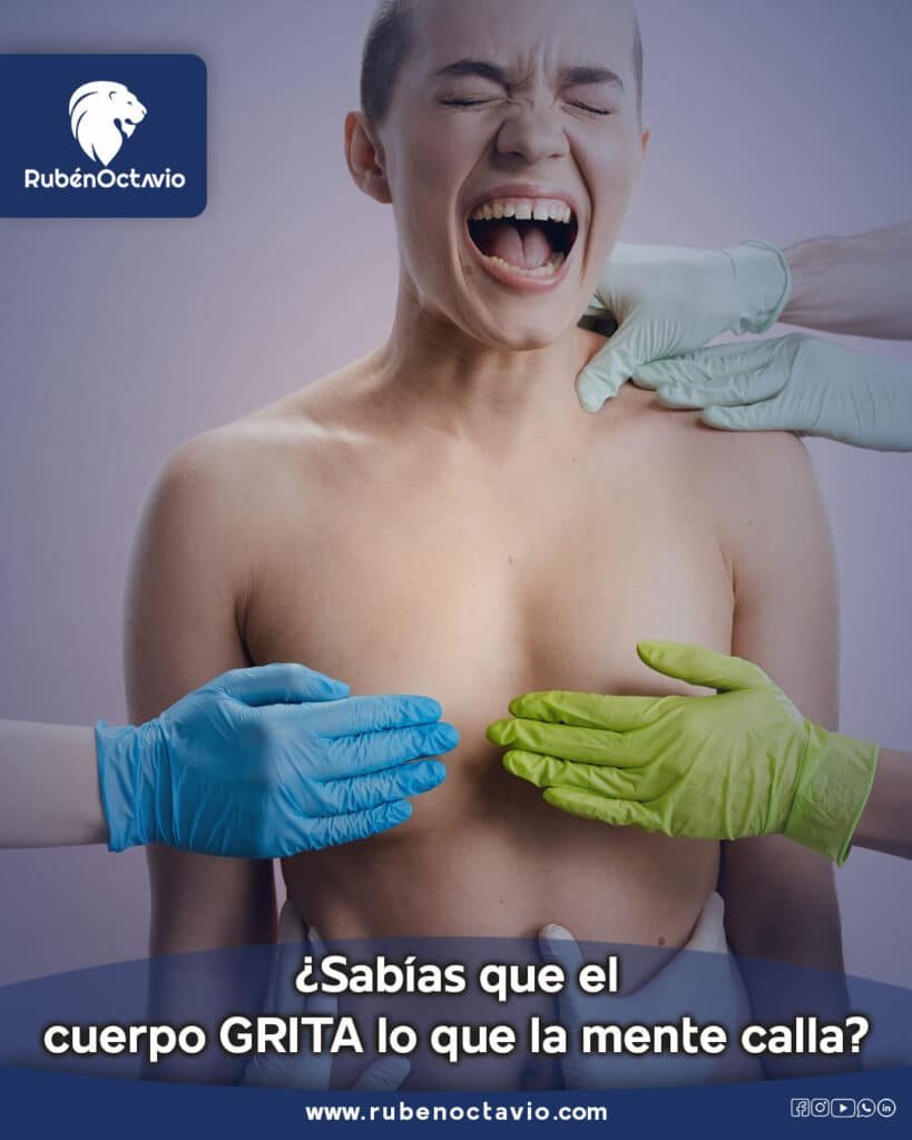 Persona expresando dolor mientras varias manos la revisan, simbolizando al cuerpo hablando por la mente.