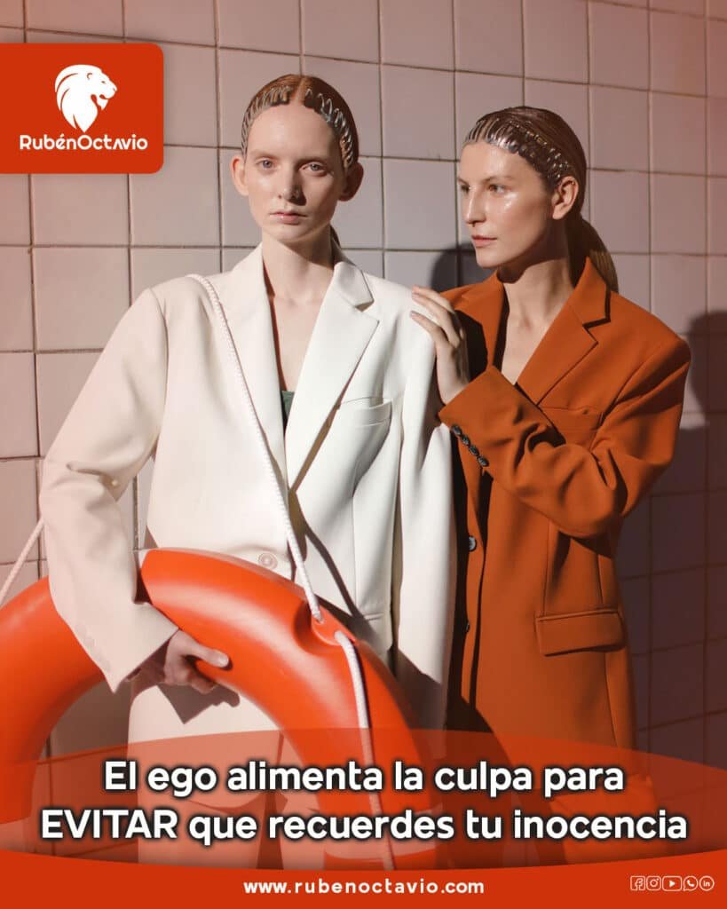 Dos personas de pie con expresión seria, representando el peso de la culpa según el ego.