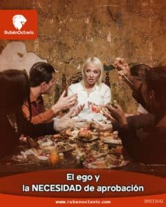 Persona rodeada de críticas en una mesa caótica, representando la necesidad de aprobación.