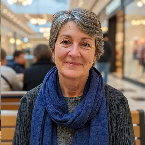 Mujer mayor con bufanda azul sonriendo con serenidad, simbolizando la sabiduría y paz alcanzadas a través de la reflexión emocional y espiritual.