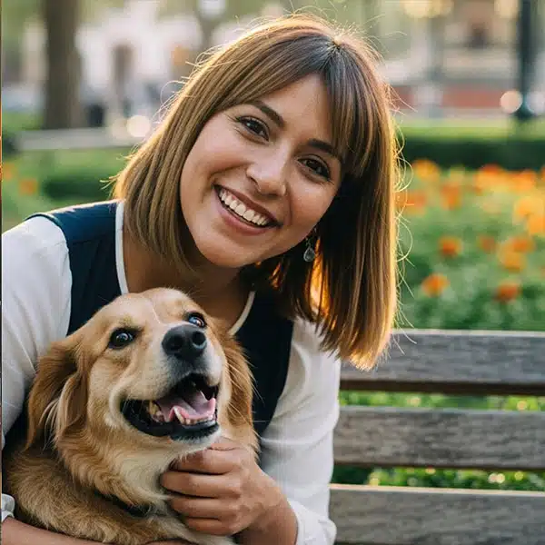 Mujer joven abrazando a su perro en un parque, sonriendo con calidez, reflejando el amor y la gratitud hacia la vida tras un proceso de crecimiento interior.